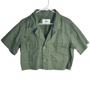 Pistola Army Green Cropped Button-Up Shirt with Raw Hem – Size M